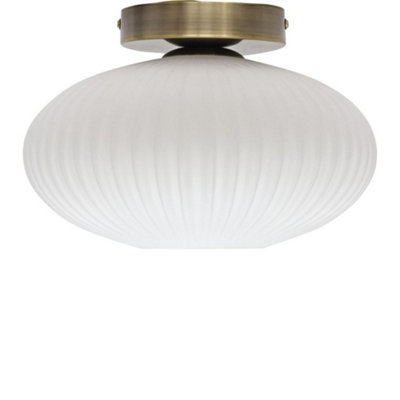First Choice Lighting BatonWhite Ribbed Oval Glass Antique Brass Ceiling Light Fitting from B&Q