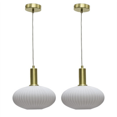 First Choice Lighting Set Of 2 BatonWhite Ribbed Oval Glass Satin Brass Deco Pendants from B&Q