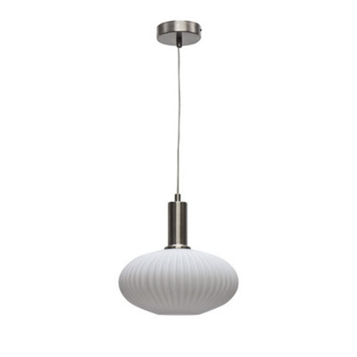 First Choice Lighting BatonWhite Ribbed Oval Glass Satin Nickel Deco Pendant Fitting from B&Q
