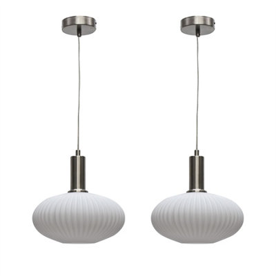 First Choice Lighting Set Of 2 BatonWhite Ribbed Oval Glass Satin Nickel Deco Pendants from B&Q