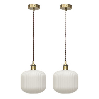 B&Q -  Set Of 2 BentoWhite Ribbed Glass Antique Brass Retro Pendants