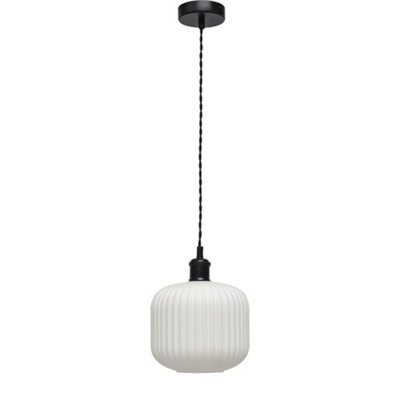 B&Q -  BentoWhite Ribbed Glass Black Retro Pendant Fitting