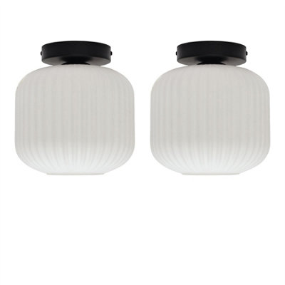 B&Q -  Set Of 2 BentoWhite Ribbed Glass Black Ceiling Light Fittings
