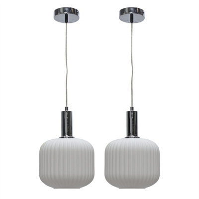 B&Q -  Set Of 2 BentoWhite Ribbed Glass Chrome Deco Pendant Fittings