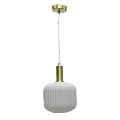 B&Q -  BentoWhite Ribbed Glass Satin Brass Deco Pendant Fitting