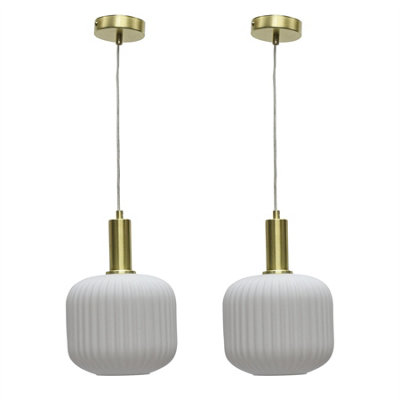 B&Q -  Set Of 2 BentoWhite Ribbed Glass Satin Brass Deco Pendant Fittings