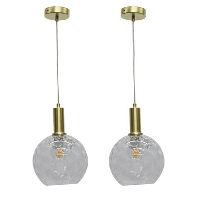 First Choice Lighting Set Of 2 BarnumClear Dimple Glass Globe Satin Brass Deco Pendants from B&Q