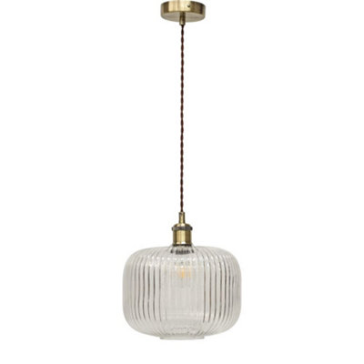 First Choice Lighting Batley LargeClear Ribbed Glass Antique Brass Retro Pendant Fitting from B&Q
