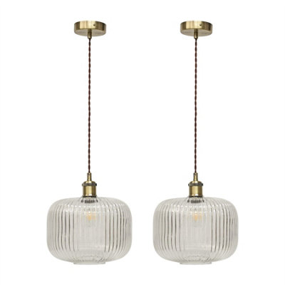 First Choice Lighting Set Of 2 Batley LargeClear Rib Glass Antique Brass Retro Pendants from B&Q