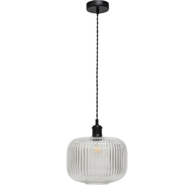 First Choice Lighting Batley LargeClear Ribbed Glass Black Retro Pendant Fitting from B&Q