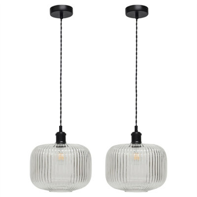 First Choice Lighting Set Of 2 Batley LargeClear Ribbed Glass Black Retro Pendants from B&Q