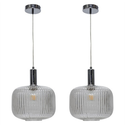 First Choice Lighting Set Of 2 Batley LargeClear Ribbed Glass Chrome Deco Pendants from B&Q