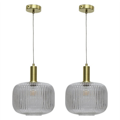 First Choice Lighting Set Of 2 Batley LargeClear Ribbed Glass Satin Brass Deco Pendants from B&Q