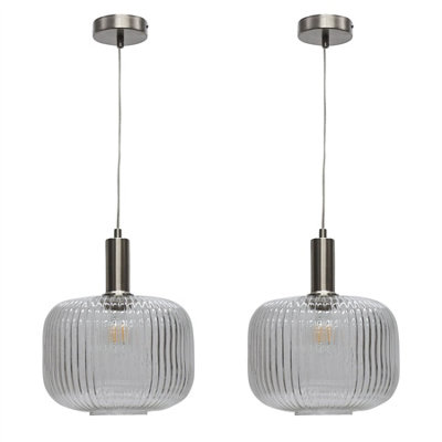 First Choice Lighting Set Of 2 Batley LargeClear Ribbed Glass Satin Nickel Deco Pendants from B&Q