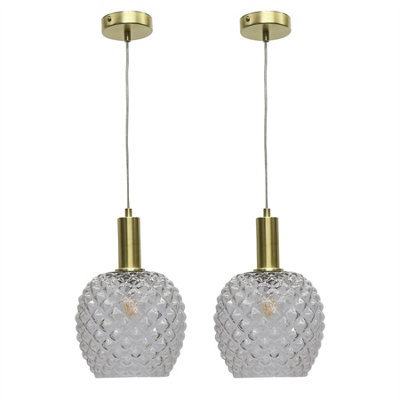 First Choice Lighting Set Of 2 BaineClear Textured Glass Satin Brass Deco Pendants from B&Q