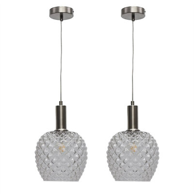First Choice Lighting Set Of 2 BaineClear Textured Glass Satin Nickel Deco Pendants from B&Q