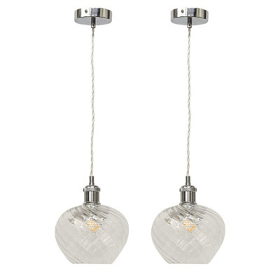 First Choice Lighting Set Of 2 BradsonClear Swirl Glass Chrome Retro Pendant Fittings from B&Q