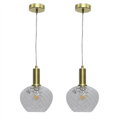 First Choice Lighting Set Of 2 BradsonClear Swirl Glass Satin Brass Deco Pendant Fittings from B&Q
