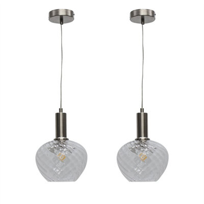 First Choice Lighting Set Of 2 BradsonClear Swirl Glass Satin Nickel Deco Pendants from B&Q