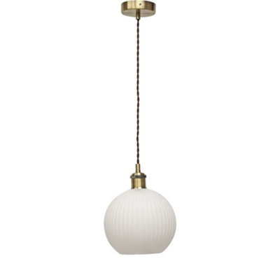 First Choice Lighting BetchleyWhite Ribbed Glass Globe Antique Brass Retro Pendant from B&Q