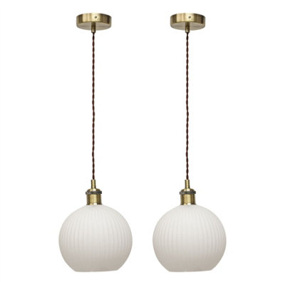 First Choice Lighting Set Of 2 BetchleyWhite Ribbed Globe Antique Brass Retro Pendants from B&Q