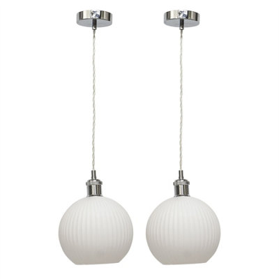 B&Q -  Set Of 2 BetchleyWhite Ribbed Glass Globe Chrome Retro Pendants