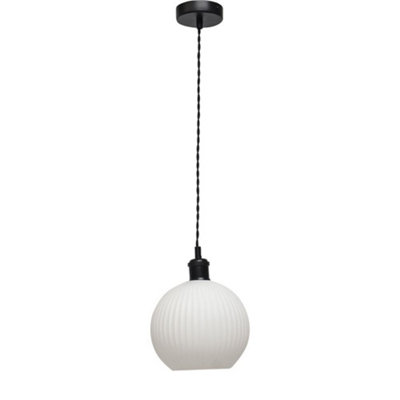 First Choice Lighting BetchleyWhite Ribbed Glass Globe Black Retro Pendant Fitting from B&Q