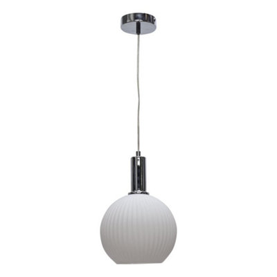 First Choice Lighting BetchleyWhite Ribbed Glass Globe Chrome Deco Pendant Fitting from B&Q