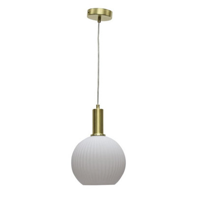 B&Q -  BetchleyWhite Ribbed Glass Globe Satin Brass Deco Pendant Fitting
