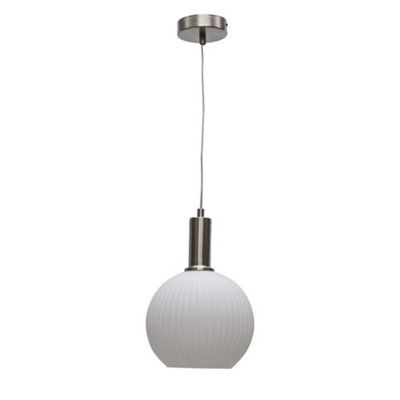 First Choice Lighting BetchleyWhite Ribbed Glass Globe Satin Nickel Deco Pendant Fitting from B&Q