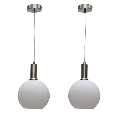 First Choice Lighting Set Of 2 BetchleyWhite Ribbed Globe Satin Nickel Deco Pendants from B&Q