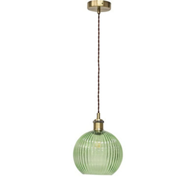 First Choice Lighting BetchleyGreen Ribbed Glass Globe Antique Brass Retro Pendant from B&Q