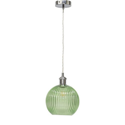 First Choice Lighting BetchleyGreen Ribbed Glass Globe Chrome Retro Pendant Fitting from B&Q