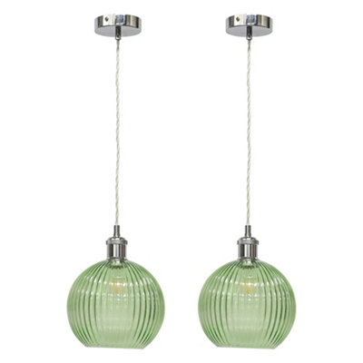 B&Q -  Set Of 2 BetchleyGreen Ribbed Glass Chrome Retro Pendant Fittings