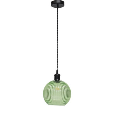 First Choice Lighting BetchleyGreen Ribbed Glass Globe Black Retro Pendant Fitting from B&Q