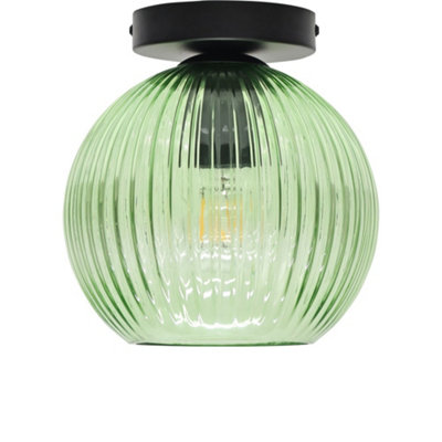 First Choice Lighting Green/Black/Light Betchley - Ribbed Glass Globe Ceiling Fitting 20.5Cm