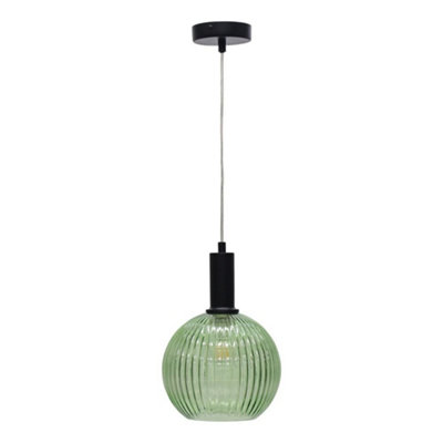 First Choice Lighting BetchleyGreen Ribbed Glass Globe Black Deco Pendant Fitting from B&Q