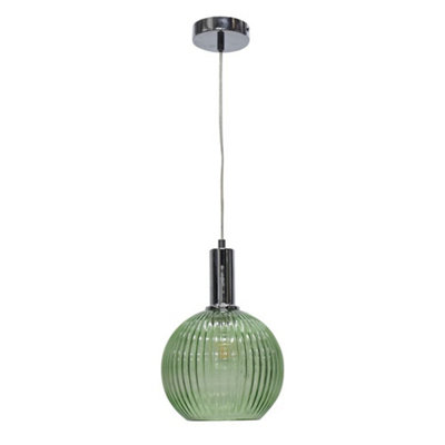 First Choice Lighting BetchleyGreen Ribbed Glass Globe Chrome Deco Pendant Fitting from B&Q