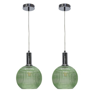 First Choice Lighting Set Of 2 BetchleyGreen Ribbed Glass Globe Chrome Deco Pendants from B&Q