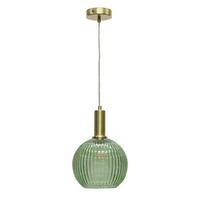 B&Q -  BetchleyGreen Ribbed Glass Globe Satin Brass Deco Pendant Fitting