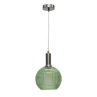 First Choice Lighting BetchleyGreen Ribbed Glass Globe Satin Nickel Deco Pendant Fitting from B&Q