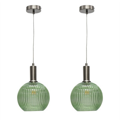 First Choice Lighting Set Of 2 BetchleyGreen Ribbed Globe Satin Nickel Deco Pendants from B&Q