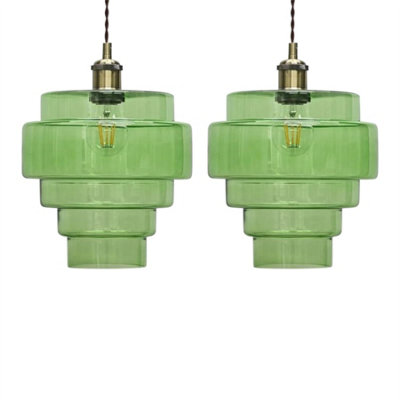 First Choice Lighting Set Of 2 Benson5 Tier Green Glass Easy Fit Pendant Lightshades from B&Q