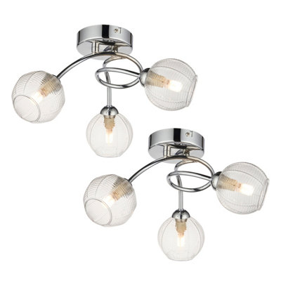 B&Q -  Set Of 2 TattonChrome With Ribbed Glass 3 Light Flush Ceiling Light
