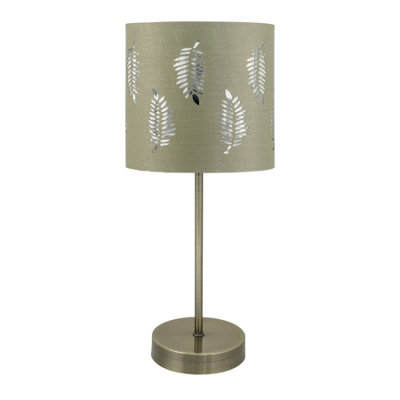First Choice Lighting Antique Brass Stick Table Lamp With Sage Green Fern Shade from B&Q