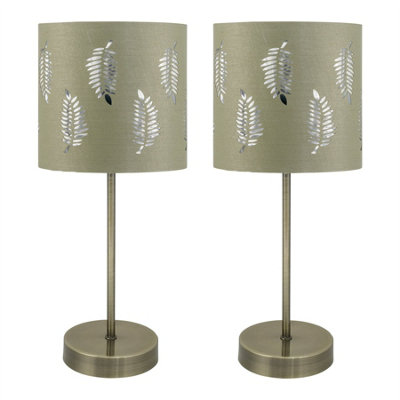 First Choice Lighting Set Of 2 Antique Brass Stick Table Lamps With Sage Green Fern Shades from B&Q