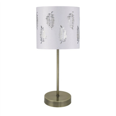 First Choice Lighting Antique Brass Stick Table Lamp With White Fern Shade from B&Q