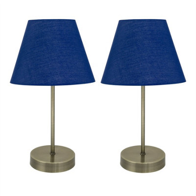 First Choice Lighting Set Of 2 Antique Brass Stick Table Lamps With Navy Blue Fabric Shades from B&Q