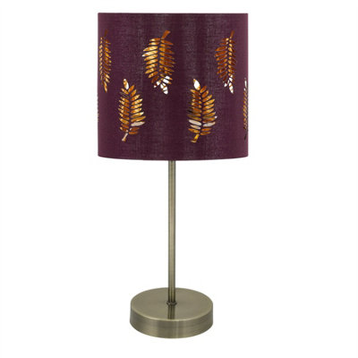 First Choice Lighting Antique Brass Stick Table Lamp With Burgundy Fern Cut Out Shade from B&Q