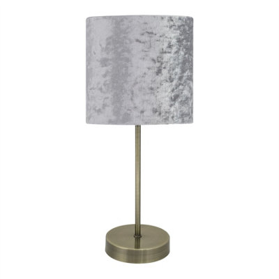 First Choice Lighting Antique Brass Stick Table Lamp With Grey Crushed Velvet Shade from B&Q